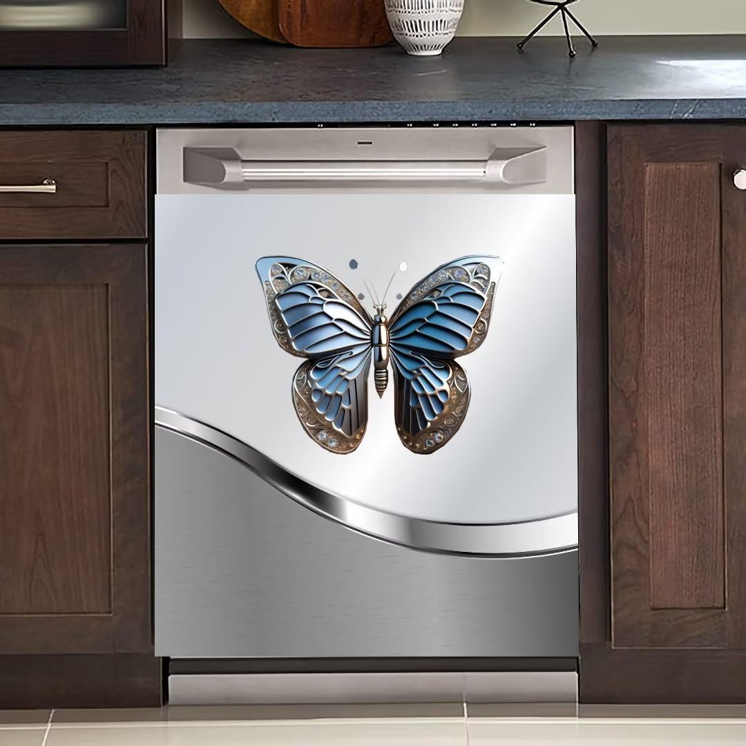 Dishwasher Magnet Cover Kitchen Decor Sliver Stainless Steel Butterfly Pattern Refrigerator Magnetic Door Cover Vinyl DecalHome Appliance Magnet Sticker Sheet 23 W x 26 H inches