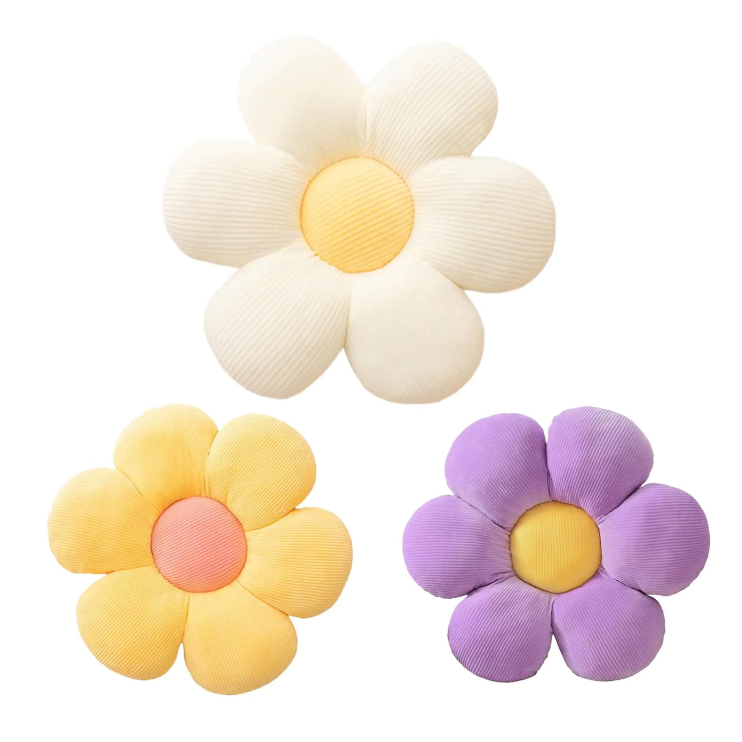 3Pcs Flower Pillow - Flower Shaped Throw Pillow Seating Cushion Cute Daisy Flower Pillow Floor Pillows for Adults Kids Home Bedroom Sofa Chair Couch Decor (White/Yellow/Purple 15.74 in+19.68 in)