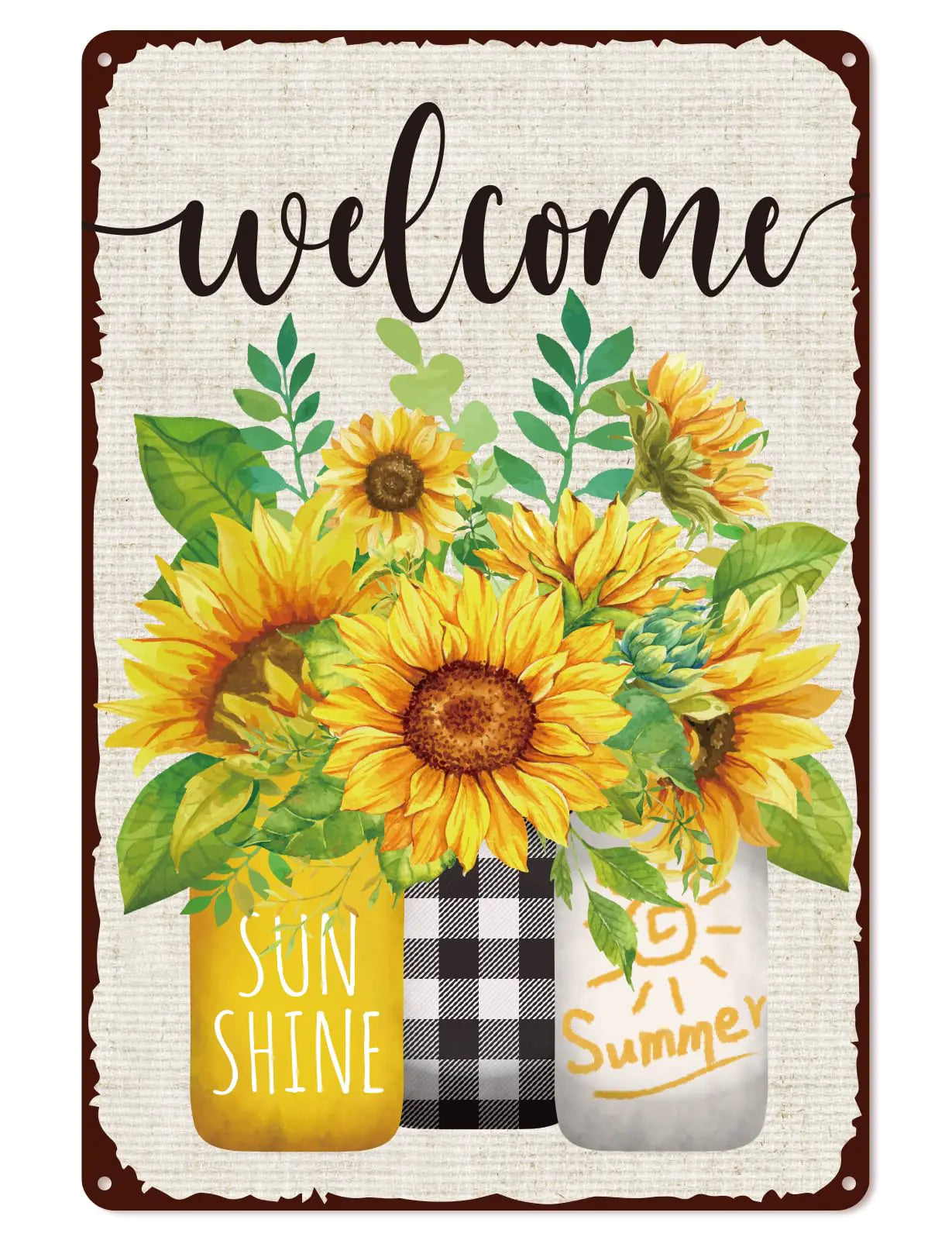 Retro Tin Sign Summer Mason Jar Metal Sign Sunflower Leaves Wall Art Decor Welcome Floral Ornaments Iron Plaque Sign for Club Bar Garage Wall Decor 12 x 8 Inch