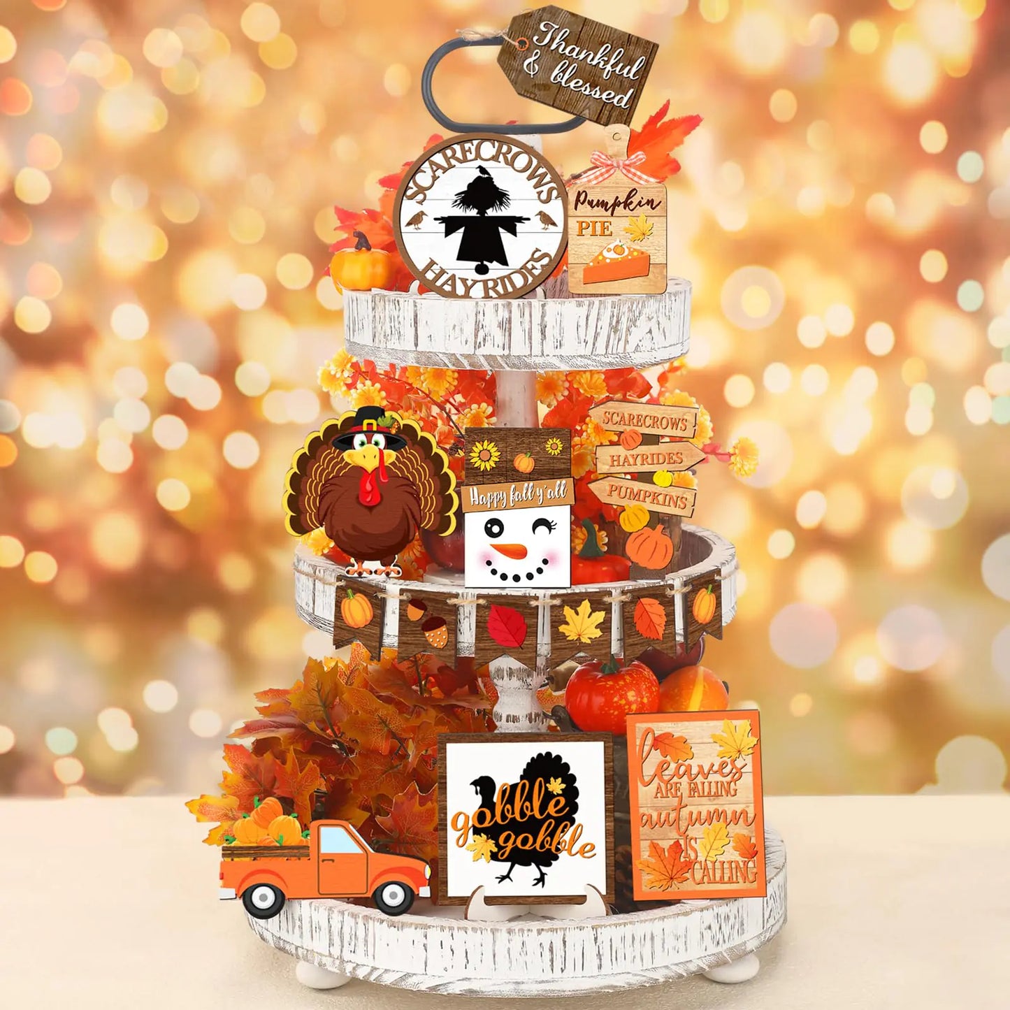14 Pcs Fall Tiered Tray Decor Set Thanksgiving Fall Pumpkin Wooden Home Decorations Rustic Farmhouse Pumpkin Truck Wooden Sign Spice Blocks Autumn Wooden Sign for Festival Gift Tabletop