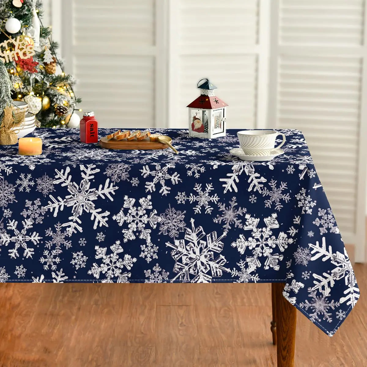 Christmas Tablecloth 52×70 Inch Rectangular Blue Snow Washable Table Cover for Party Picnic Dinner Decor