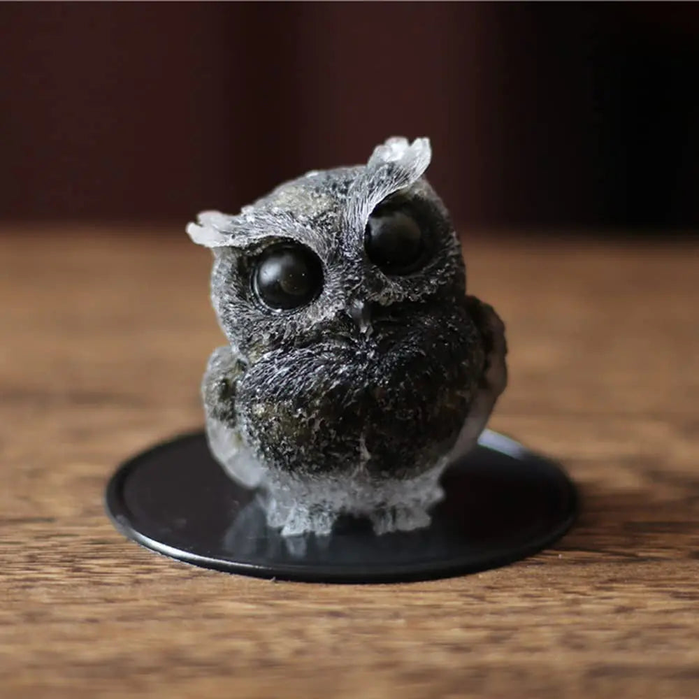 OwMell Owl Statue Tumbled Stone Gemstone Owl Figurine Home Decor Shelf Decor 2.5" - Black Obsidian