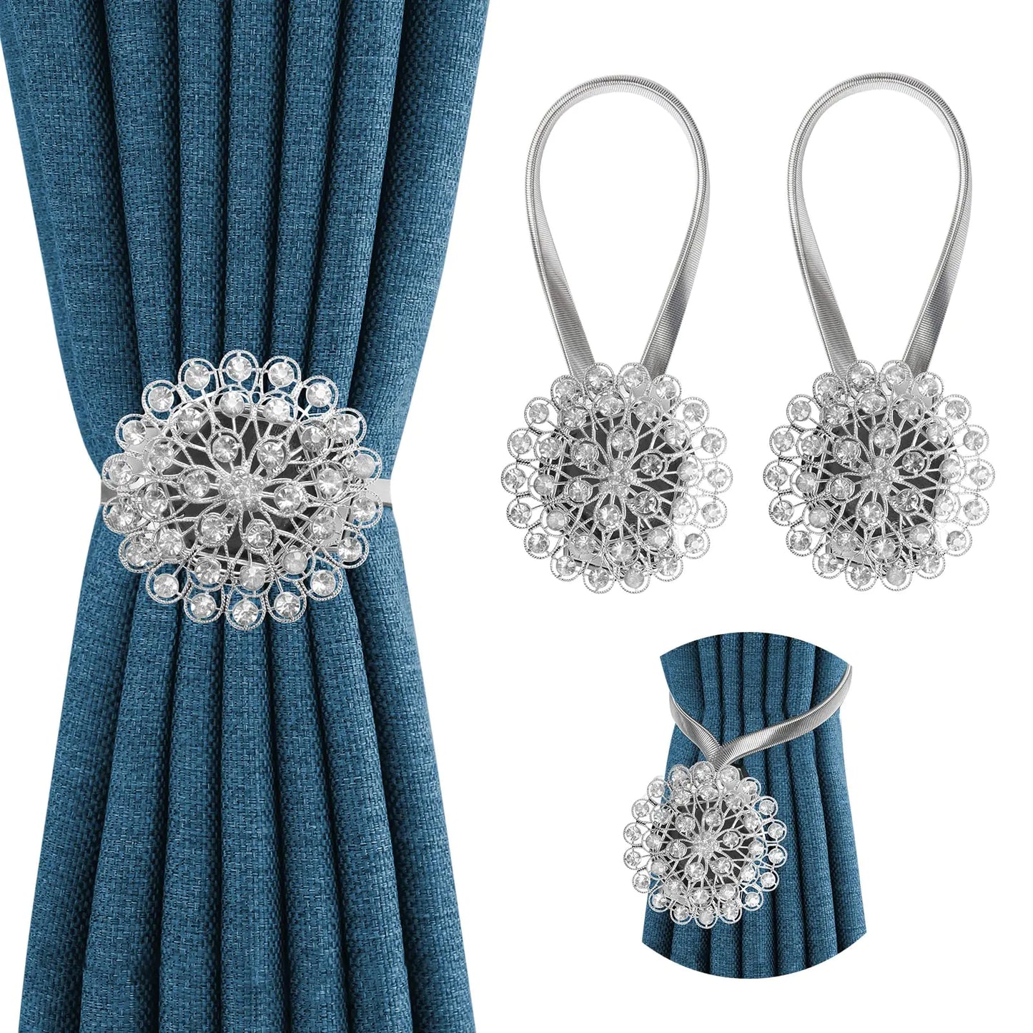 Crystal Decor Curtain Tiebacks 2 Pack Magnetic Tieback Crystal Flower Curtain Tiebacks with High Stretchy Wire Rope Flower Curtain Buckle for Home Office Window Decoration (Silver)