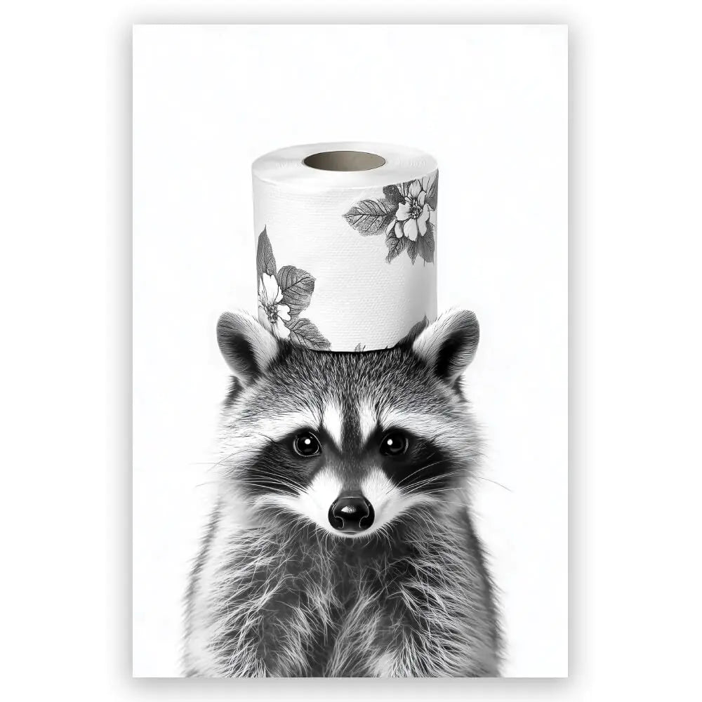 Funny Wall Decor for Bathroom Cute Raccoon Toilet Paper Roll Canvas Poster Bathroom Wall Art Decor Black and White Restroom Decor for Wall Humorous Wall Prints Painting 16x24inch Unframed