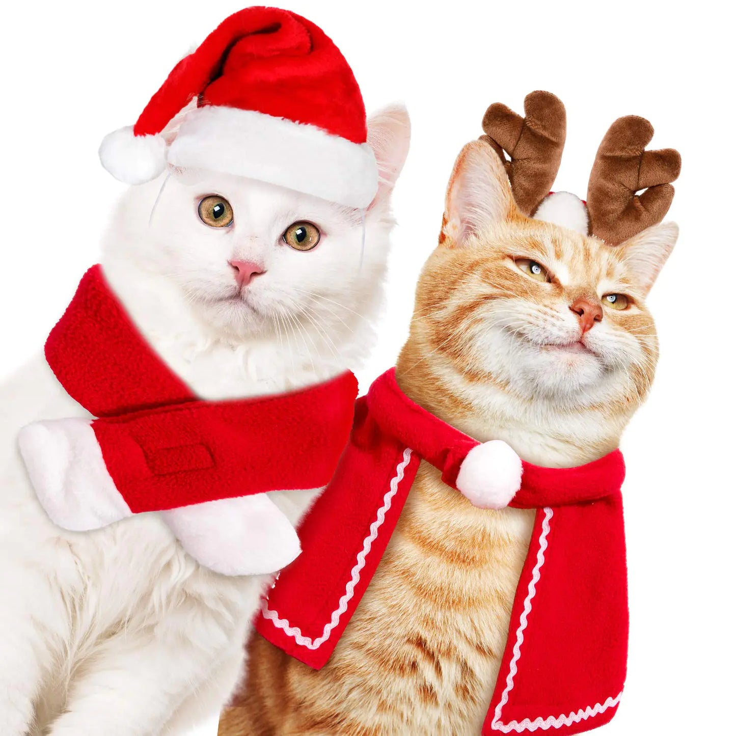 Pet Christmas Costume Outfit Set Reindeer Antlers Headband Santa Christmsas Hat Red Scarf and Pet Cloak for Dog Cat Pet Christmas Party Cosplay Supplies 4 Pack