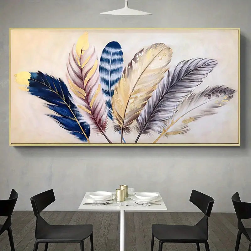 Gold Ribbon Feather Canvas Art for Home Interior Decor