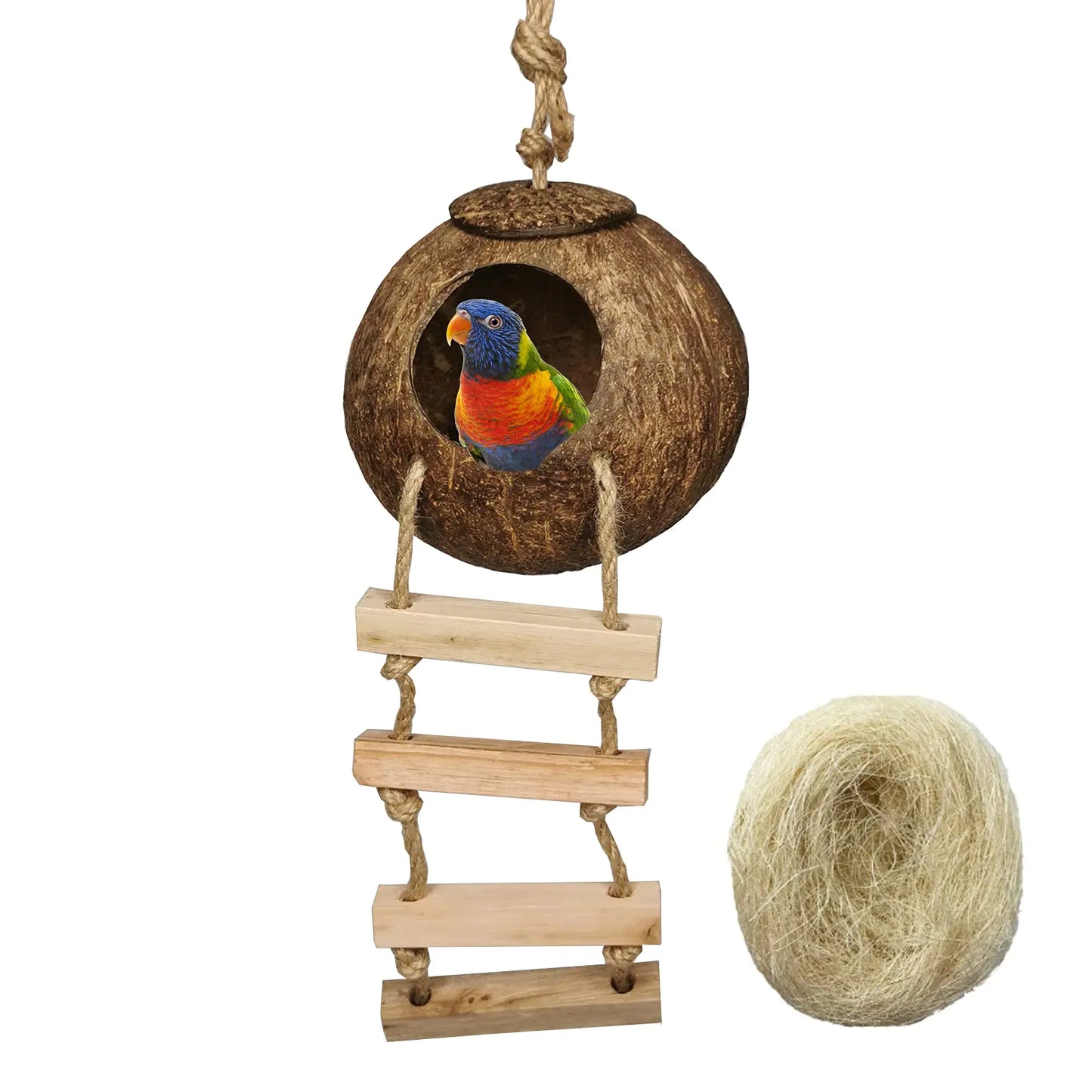 Hanging Bird House with Ladder Natural Coconut Fiber Shell Bird Nest Breeding for Parrot Parakeet Lovebird Finch Canary Coconut Hide Bird Swing Toys for Hamster Bird Cage Accessories Pet Bird Supplies