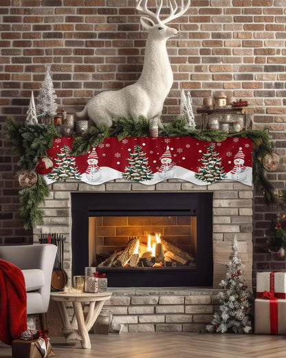 Christmas Fireplace Scarf Snow Snowman Holly Tree Fireplace Mantel Christmas Scarf Cover Candy Cane Snowflake Fireplace Cloth Table Runner Decoration for Holiday Party Decor 60 x 17 inch