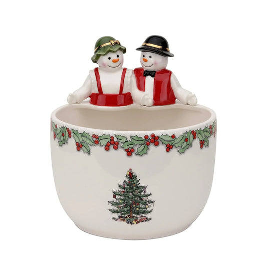 Christmas Tree 9-Inch Candy Bowl - Mr. & Mrs. Snowman Decorative Earthenware Bowl for Serving Candy Nuts Holiday Treats - Festive Tableware & Charming Holiday Decor - Dishwasher Safe