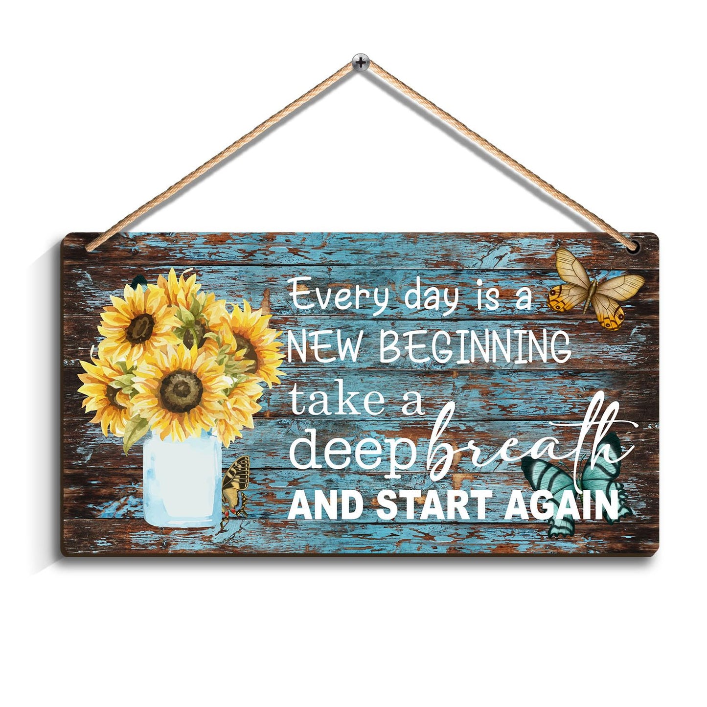 Hanging Wooden Art Sign - Sunflower Blue Butterfly Inspirational Quotes - Every Day is a New Beginning - Inspirational Quote Gift for Women Decor 12 x 6 inch