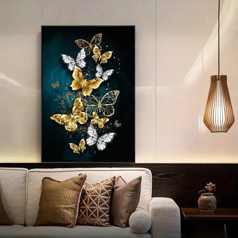 Frameless Modern Abstract Gold Blue Butterfly Canvas Art