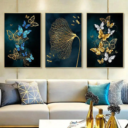 Frameless Modern Abstract Gold Blue Butterfly Canvas Art