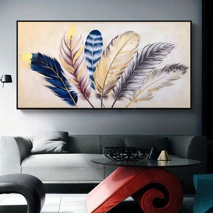 Gold Ribbon Feather Canvas Art for Home Interior Decor
