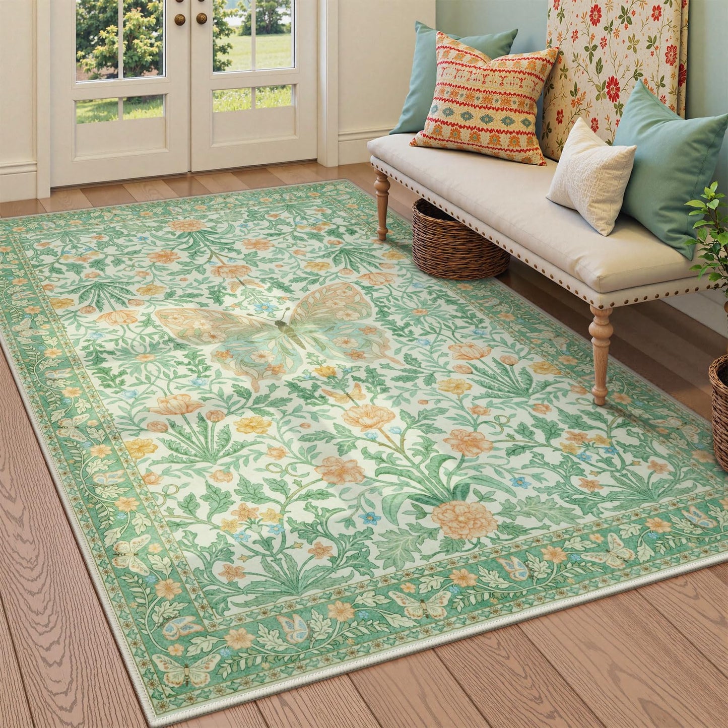 6x9 Area Rug for Living Room Floral Butterfly Rug Soft Non-Slip Washable Large Insect Bedroom Rug Low Pile Floor Carpet for Dining Room Playroom Office(6x9ftGreen)
