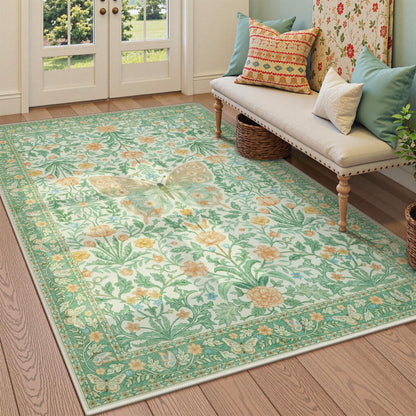 6x9 Area Rug for Living Room Floral Butterfly Rug Soft Non-Slip Washable Large Insect Bedroom Rug Low Pile Floor Carpet for Dining Room Playroom Office(6x9ftGreen)