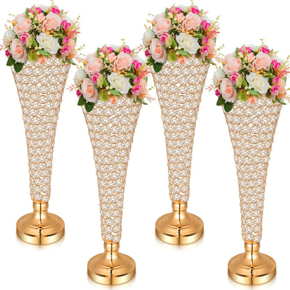 Rtteri 4 Pcs Crystal Trumpet Flower Vase 20 Inch Tall Wrought Iron Crystal Vase Flower Stand Centerpieces Wedding Table Vases Decor for Home Anniversary Ceremony Party Event Christmas(Gold)