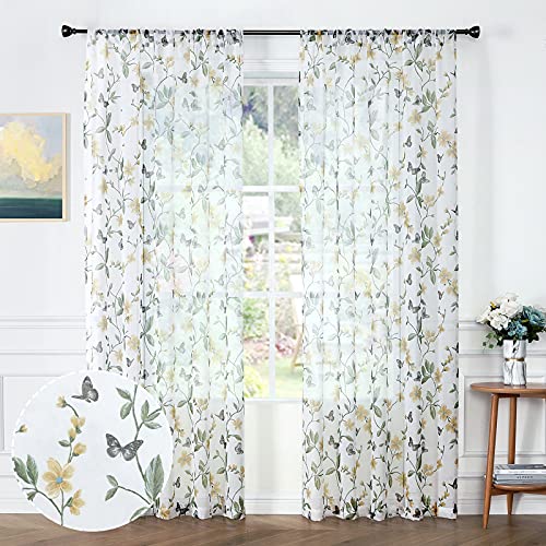 Sheer Floral Curtains Yellow Flower Butterfly Printed Bedroom Curtain Rod Pocket Voile Faux Linen Window Curtains for Living Room 54 x 63 inches Long Set of 2 Panels