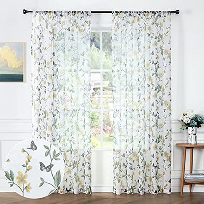 Sheer Floral Curtains Yellow Flower Butterfly Printed Bedroom Curtain Rod Pocket Voile Faux Linen Window Curtains for Living Room 54 x 63 inches Long Set of 2 Panels