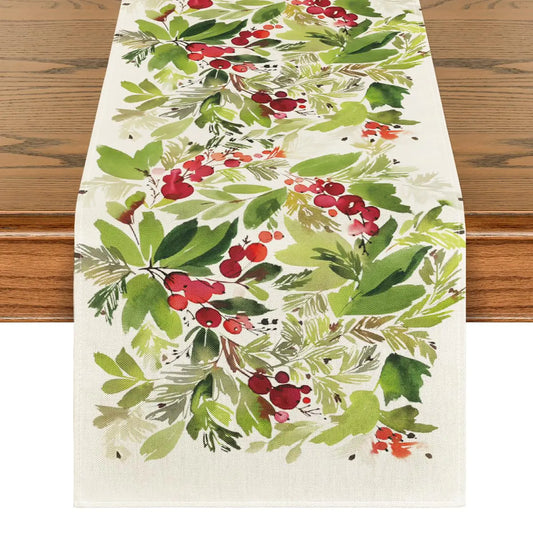 Artoid Mode Watercolor Holly Christmas Table Runner Seasonal Winter Xmas Holiday Kitchen Dining Table Decoration for Home Party Decor 13 x 60 Inch