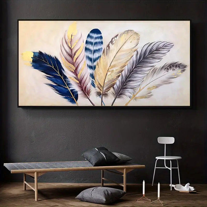 Gold Ribbon Feather Canvas Art for Home Interior Decor