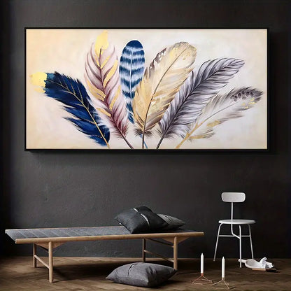Gold Ribbon Feather Canvas Art for Home Interior Decor