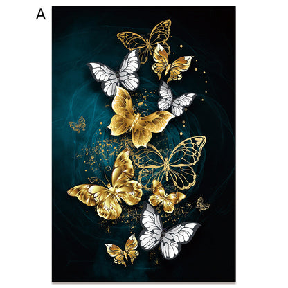 Frameless Modern Abstract Gold Blue Butterfly Canvas Art