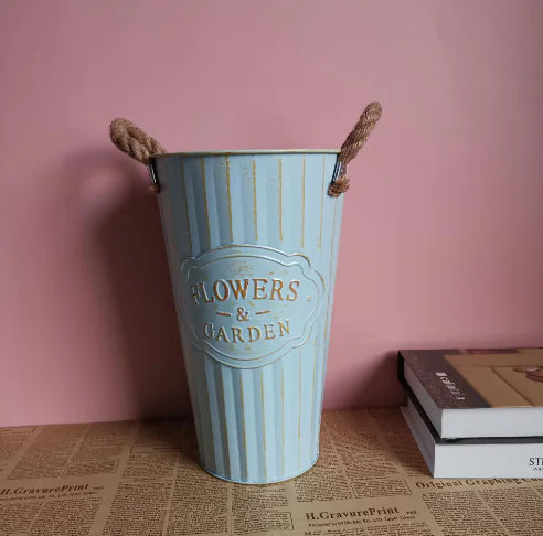 Vintage Blue Tin Flower Pot for Dried Flowers Decor
