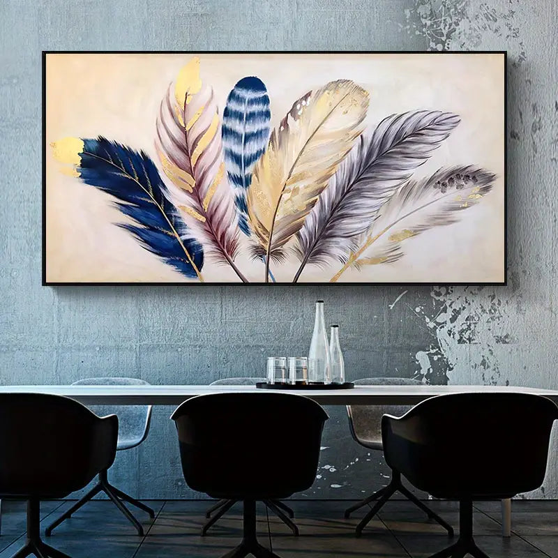 Gold Ribbon Feather Canvas Art for Home Interior Decor