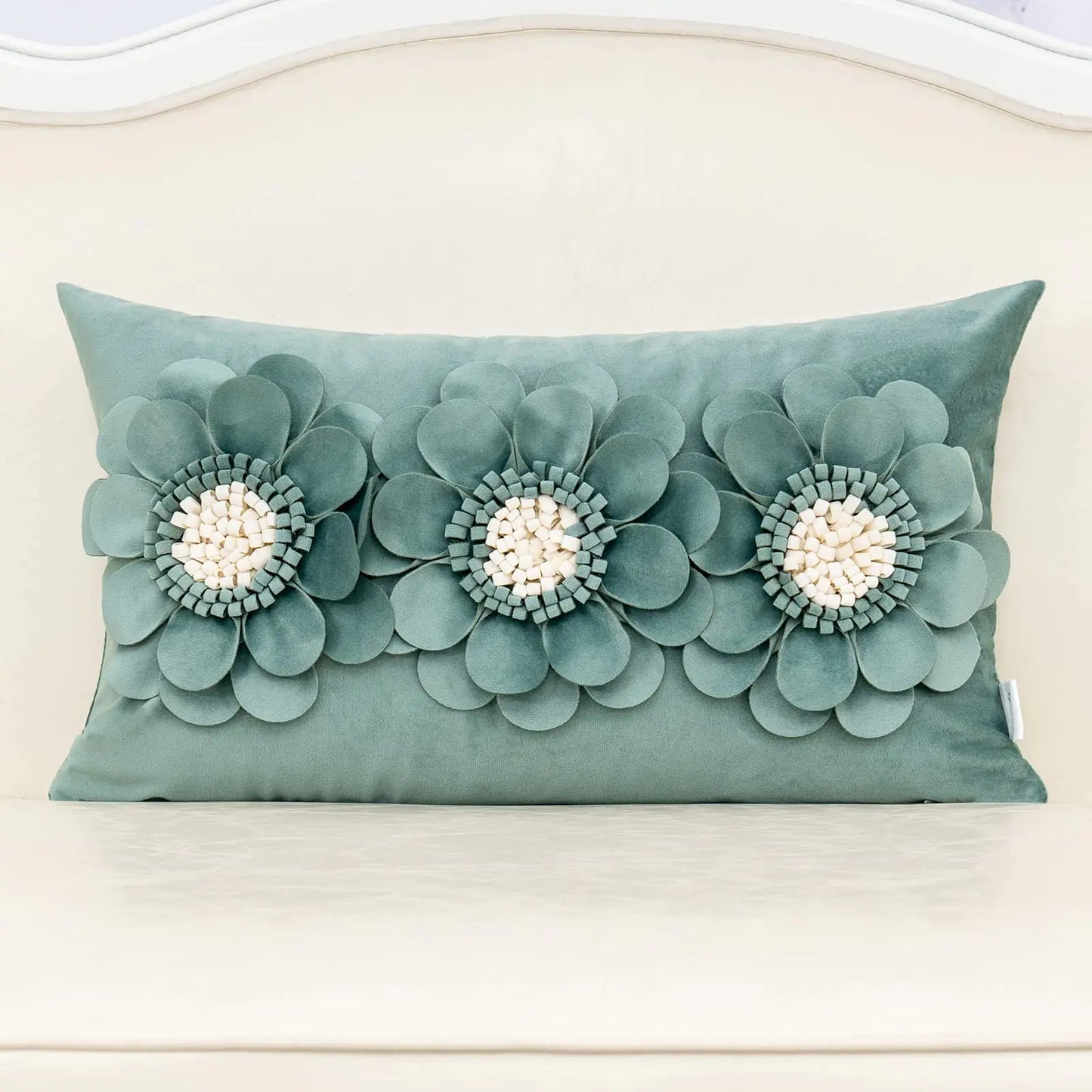 Alerfa 3D Flower Handmade Throw Pillow Cover Decorative Green Velvet Pillowcase Cushion Cover with Hidden Zipper for Couch Bed Living Room Home Decor 12x20 Inches
