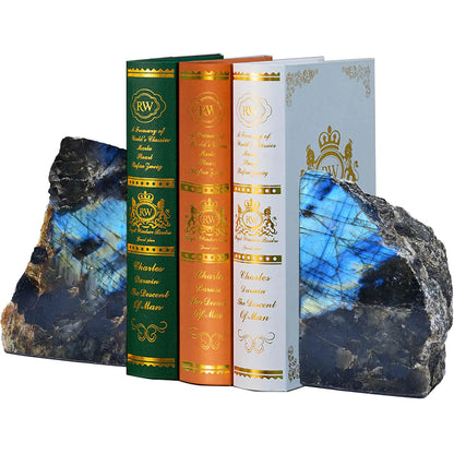 Blue Labradorite Bookends Heavy Duty Healing Crystal Stone Book Holders Decorative Book Ends Office Home Decor Small 1 Pair 2-3 Lbs