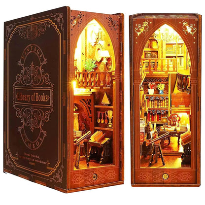 Book Nook Kit for Adult DIY Miniature Dollhouse Booknook Kit with LED Lights 3D Wooden Puzzle Bookend for House Home Library Decor