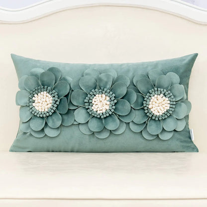 Alerfa 3D Flower Handmade Throw Pillow Cover Decorative Green Velvet Pillowcase Cushion Cover with Hidden Zipper for Couch Bed Living Room Home Decor 12x20 Inches