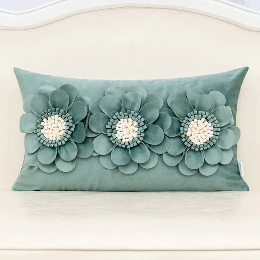 Alerfa 3D Flower Handmade Throw Pillow Cover Decorative Green Velvet Pillowcase Cushion Cover with Hidden Zipper for Couch Bed Living Room Home Decor 12x20 Inches
