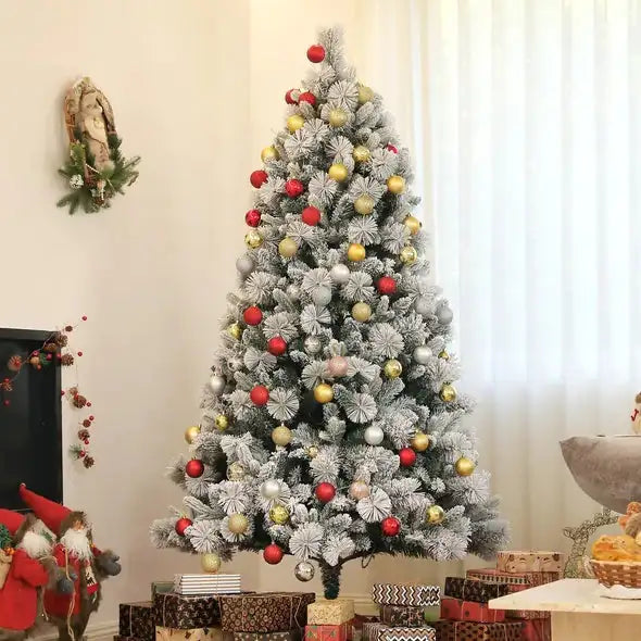 6.5 Ft Pre-Lit Artificial Christmas Tree With 350 Clear Lights And 1107 Tips, Snow Flocked Christmas Tree With Metal Stand, Hinged Xmas Tree For Home Office Holiday, Green