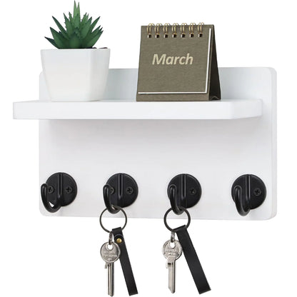 Key Holder Wall Mount 8.5 Inch Small Home Decor Wooden Wall Organizer with 4 Hooks and Shelf Wall Decor for Living Room Entryway Kitchen (White)