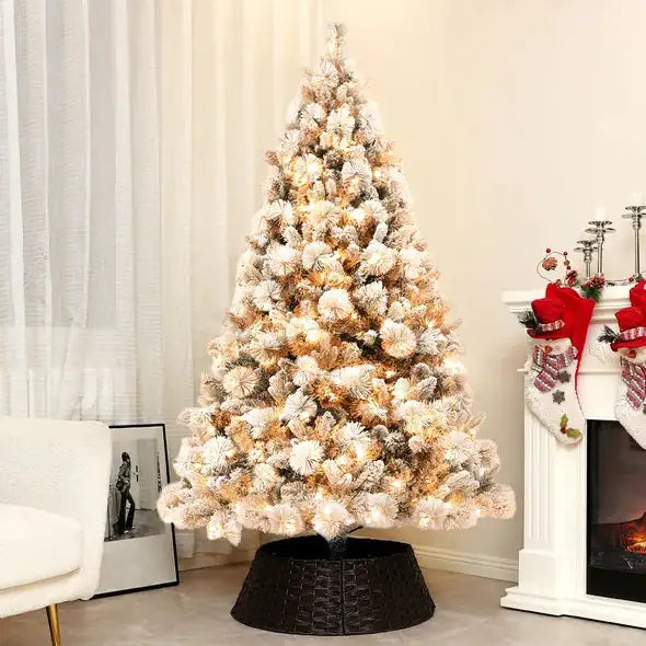 6.5 Ft Pre-Lit Artificial Christmas Tree With 350 Clear Lights And 1107 Tips, Snow Flocked Christmas Tree With Metal Stand, Hinged Xmas Tree For Home Office Holiday, Green