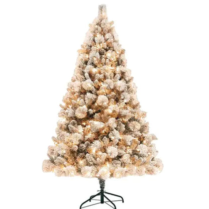 6.5 Ft Pre-Lit Artificial Christmas Tree With 350 Clear Lights And 1107 Tips, Snow Flocked Christmas Tree With Metal Stand, Hinged Xmas Tree For Home Office Holiday, Green