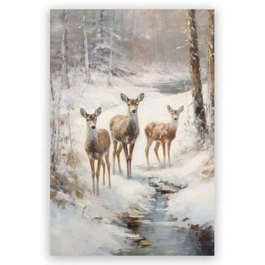 Winter Snowy Forest Wall Art Deer Painting Canvas Poster Prints Vintage Christmas Decor Nature Wall Decor Winter Xmas Holiday Home Living Room Decoration 12x18inch Unframed