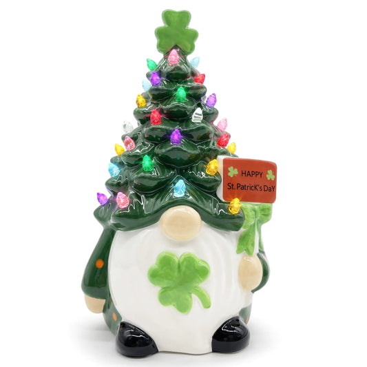 St Patricks Day Ceramic Gnome Tree Light up St Patricks Day Decorations for The Home Gnome St Patricks Day Table Decor with Pastel Colored Light Holiday Decor Figurines Collectione- 8.6h Large