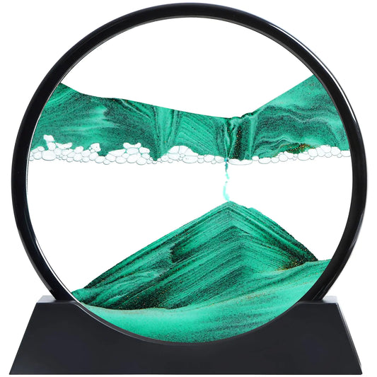 Moving Sand Art Liquid Motion 3D Deep Sea Sandscape Color Quicksand Decor Round Glass Moving Sand Art Picture Relaxing Desktop Home Office Work Decor (Green 12 inch)