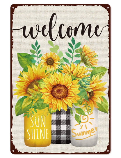 Retro Tin Sign Summer Mason Jar Metal Sign Sunflower Leaves Wall Art Decor Welcome Floral Ornaments Iron Plaque Sign for Club Bar Garage Wall Decor 12 x 8 Inch