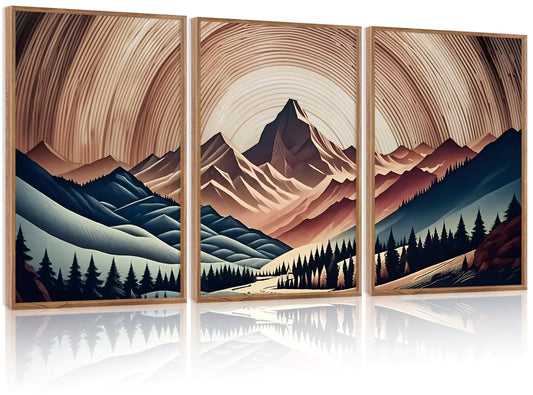 Abstract Mountain Landscape Canvas Wall Art Set(16"x24"x3PCS) Framed Wilderness Forest Nature Scenery Wall Decor Vintage Mid Century Modern Earth Tone Art Print for Home Living Room Bedroom