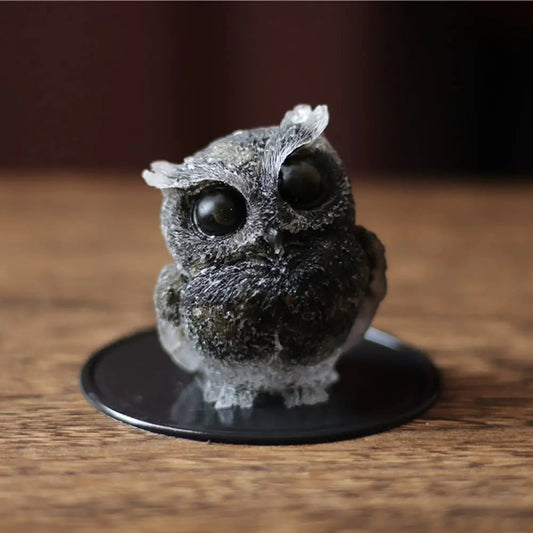 OwMell Owl Statue Tumbled Stone Gemstone Owl Figurine Home Decor Shelf Decor 2.5" - Black Obsidian