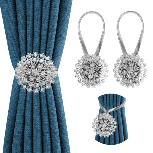 Crystal Decor Curtain Tiebacks 2 Pack Magnetic Tieback Crystal Flower Curtain Tiebacks with High Stretchy Wire Rope Flower Curtain Buckle for Home Office Window Decoration (Silver)