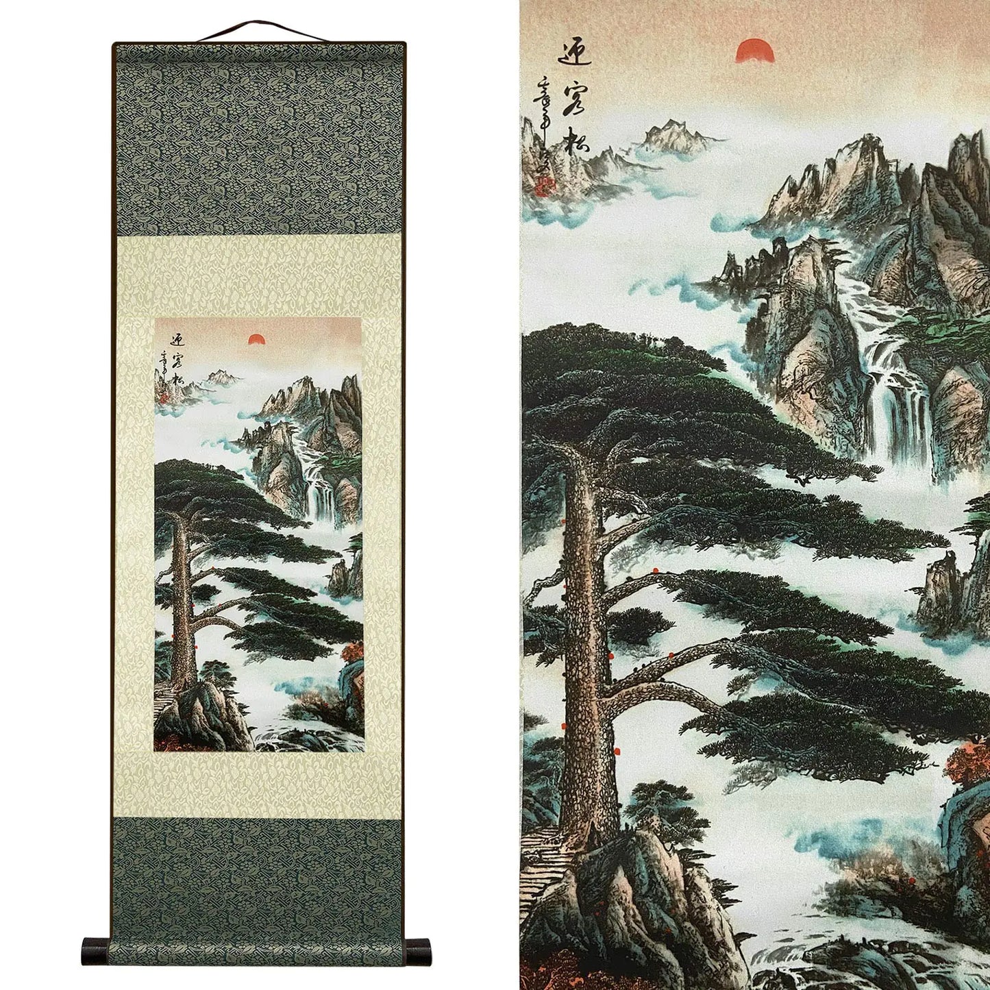 Asian Wall Art Decor Beautiful Silk Scroll Painting Pine - The Pine Greeting Guests(Guest-Greeting Pine) Oriental Decor Chinese Art Wall Scroll Wall Hanging Painting Scroll (36.2 x 12 in)
