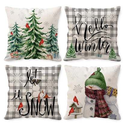 Unibyby Winter Pillow Covers 16x16 Set of 4 Let It Snow Throw Pillow Covers Hello Winter Snowman Home Decor Winter Themed Pillowcase Square Cushion Covers for Sofa Bed Couch
