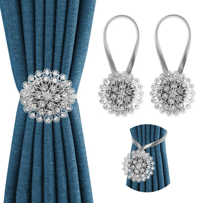 Crystal Decor Curtain Tiebacks 2 Pack Magnetic Tieback Crystal Flower Curtain Tiebacks with High Stretchy Wire Rope Flower Curtain Buckle for Home Office Window Decoration (Silver)