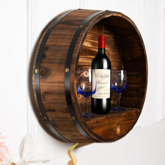 Whiskey Barrel Decor Bourbon Whiskey Barrel Shelf Wall Mount Wine Rack Oak Barrel Wine Bottle Holder Rustic Wine Rack Wood for Vintage Wine Bar and Home Décor (Small)