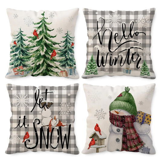 Unibyby Winter Pillow Covers 16x16 Set of 4 Let It Snow Throw Pillow Covers Hello Winter Snowman Home Decor Winter Themed Pillowcase Square Cushion Covers for Sofa Bed Couch