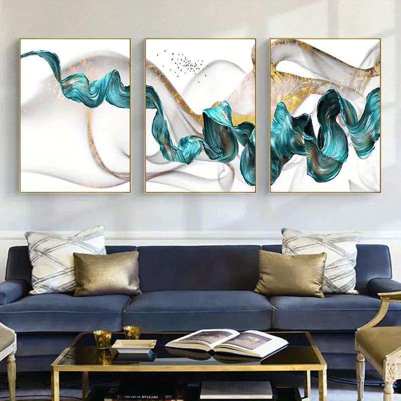 3pcs Abstract Blue Ribbon Canvas Art for Home Decor